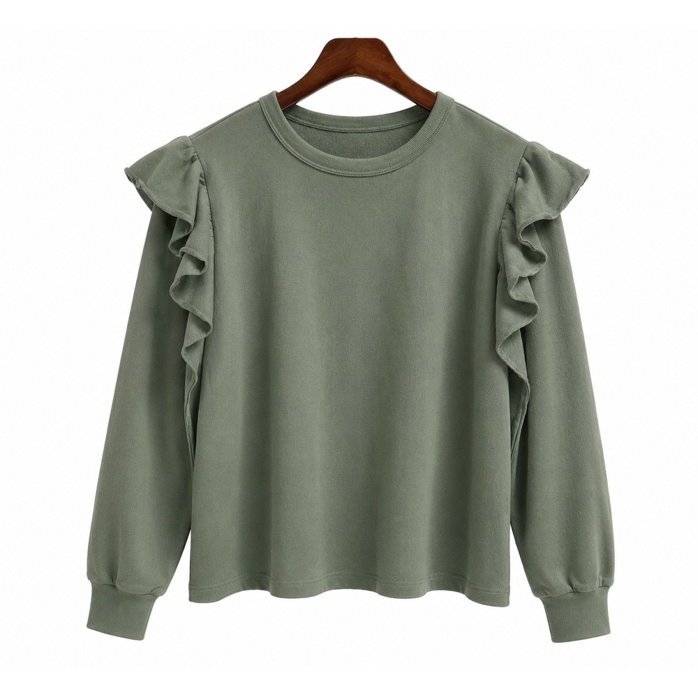 Old Navy Sweatshirt Women Large‎ Green EUC Ruffle Shoulder Long Sleeve Pullover